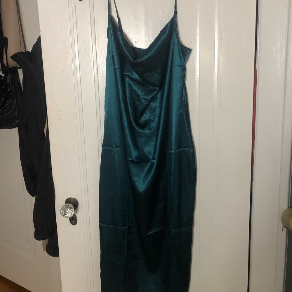 Emerald Green Satin Cowl Neck Dress